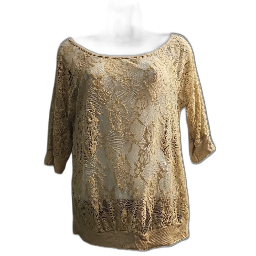 Nude Floral Open Lace 3/4 Sleeve Top Sz M Lagenlook‎ Resort Boho Retro #675